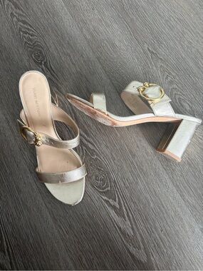 Stuart Weitzman Champagne Metallic Block Heel Sandals with Gold Buckle